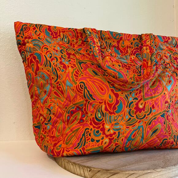 Orange Multi Colored Quilted Floral Printed Nylon Double Handle Zipper Tote Bag - Picture 1 of 15